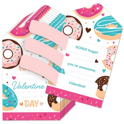 Big Dot of Happiness Donut Worry, Let's Party - Doughnut Cards for Kids - Happy Valentine's Day Pull Tabs - Set of 12
