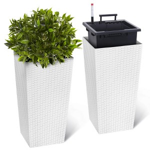 Tall Planter Set of 2 Large Rattan Flower Pot with 2 Trays & a Water Level Monitor & Wheels Outdoor and Indoor for Patio, Porch, Living Room - 1 of 4
