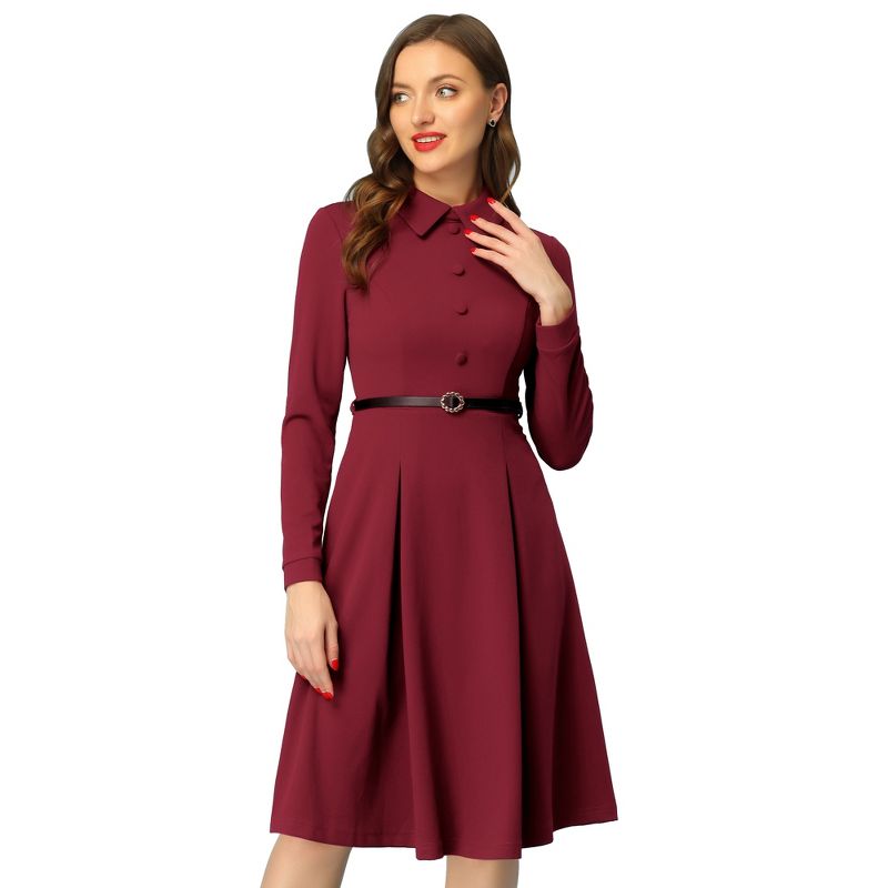 Allegra K Women's Elegant Long Sleeve Button Decor Belted Fit and Flare Dress, 1 of 6
