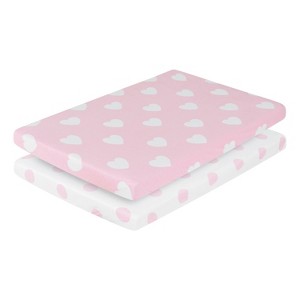 Everyday Kids 2 Pack Pack N Play Sheets – 100% Cotton Jersey Knit, Breathable, Fits Portable Crib and Playard Mattress, Pink & White Hearts/Dots - 1 of 4