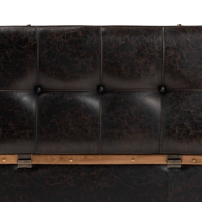 Dark Brown Faux Leather Tufted Storage Footstool with Oak Wood Bands