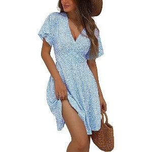 Coolmee Women's Summer Boho Floral Sundress Short Sleeve Wrap V Neck A-Line Midi Dress - 1 of 4