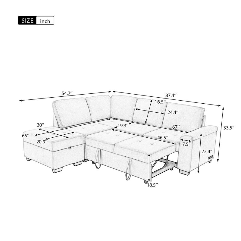 L-Shape Sleeper Sectional Sofa, Sofa Bed with Storage Ottoman & USB Charge-ModernLuxe, 3 of 14