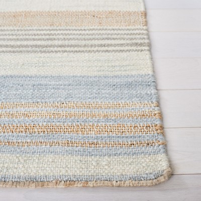 Handmade Natural and Light Blue Wool Cotton Striped 4' x 6' Rug