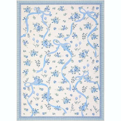 Floral Bow Rugs , Rug for Living Room with Soft Low Pile, Blue Washable Area Rug for Nursery Kids Dorm Playroom