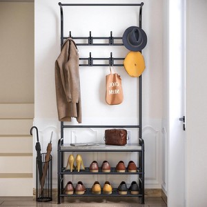 Acekool Hall Tree Shoe Bench with 8 Hooks, 2 Storage Shelves & Sturdy Steel Frame, Space-Saving Entryway Coat Rack and Shoe Organizer - 1 of 4