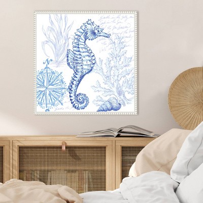 22" Coastal Sketchbook Sea Horse Blue and White Canvas Print