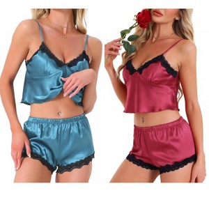 INSPIRE CHIC Women's 4 Pcs Loungewear Satin Lace Sleeveless Spaghetti-Strap Removable Pad Cami & Shorts Pajama Set - 1 of 4
