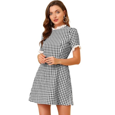 Allegra K Women's Summer Ruffle Neck Lace Panel Short Sleeve Check Gingham Dress
