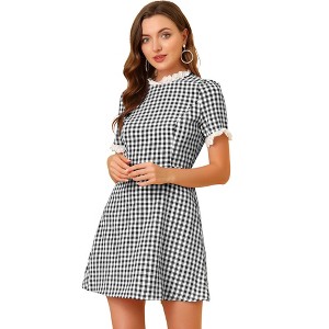 Allegra K Women's Summer Ruffle Neck Lace Panel Short Sleeve Check Gingham Dress - 1 of 4