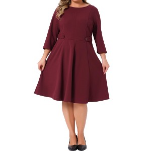 Agnes Orinda Women's Plus Size Crew Neck 3/4 Sleeve High Waist Button Decor Office Casual A Line Midi Dress with Zipper - 1 of 4