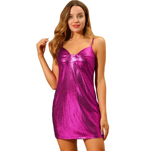 Allegra K Women's Sparkly Metallic Spaghetti Strap Party Mini Dress Magenta  Small : Target