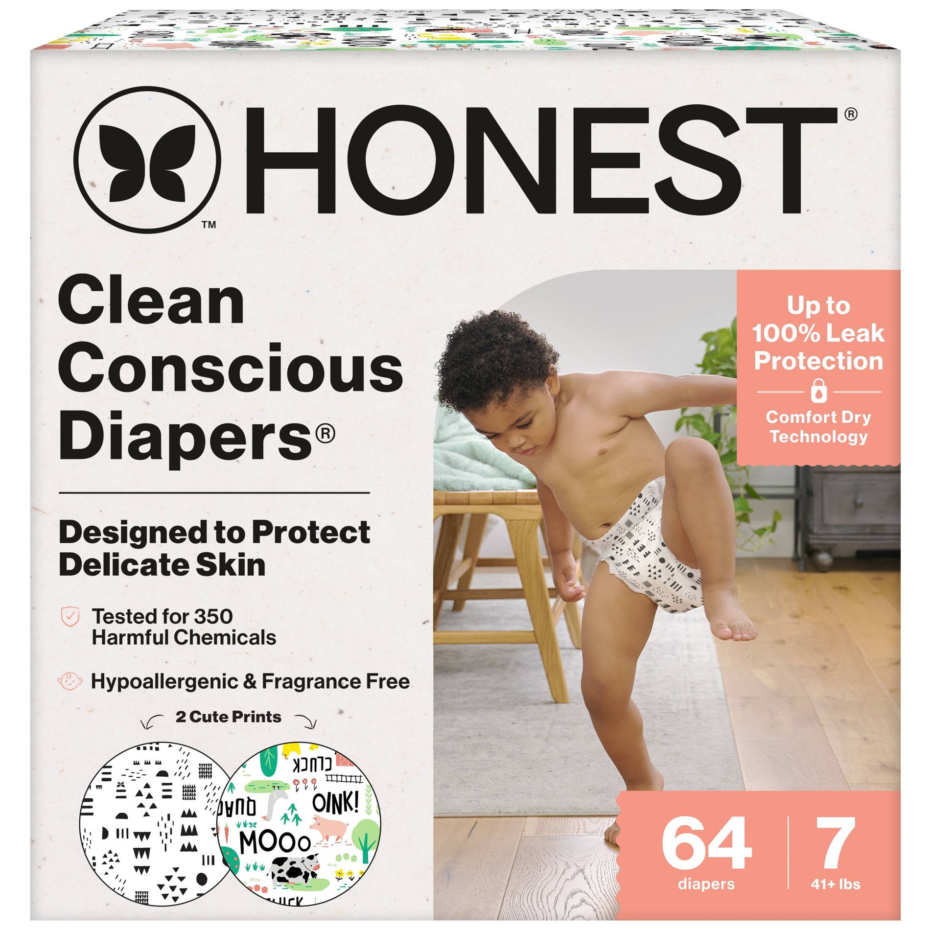 The Honest Company Clean Conscious Diapers -Barnyard Babies + Pattern Play - Size 7 - 64ct