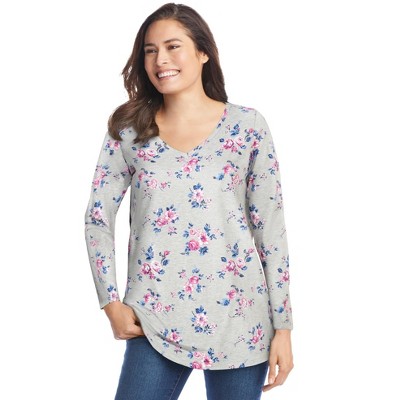 Woman Within Women's Plus Size Perfect Printed Long-Sleeve V-Neck Tee