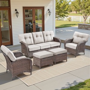 Buenhomino 5 Pieces Patio Furniture Set, High Back Wicker Rattan Sofa with 5-inch Extra Thick Cushion and Ottoman, Outdoor Conversation Set - 1 of 4