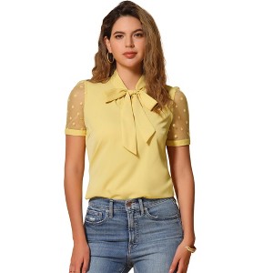 INSPIRE CHIC Women's Bow Tie V Neck Stand Collar Short Mesh Sleeve Blouse - 1 of 4