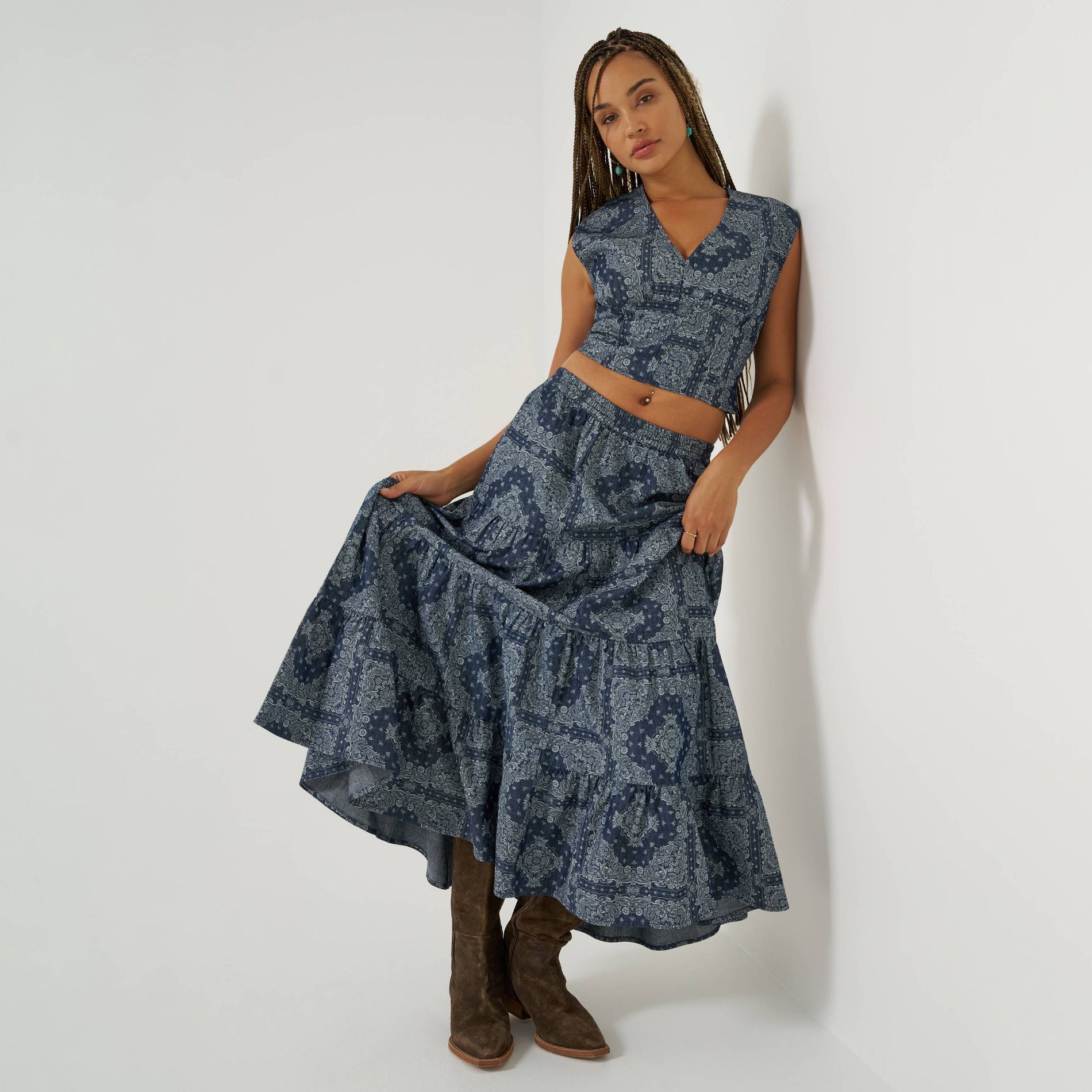 Wrangler Women's Denim Tiered Paisley Maxi Skirt - Blue