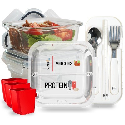 3-Pack 8oz Glass Meal Prep Containers with Two 4oz Compartments, for Bariatric Meals