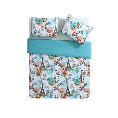 Eiffel Blue Reversible Microfiber Full Quilt Set