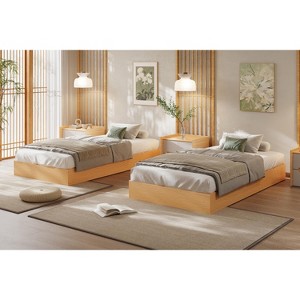 Twin Size Wooden platform bed, solid wooden slats, floor-standing bed frame, modern minimalist design, space-saving, no box spring required - 1 of 4