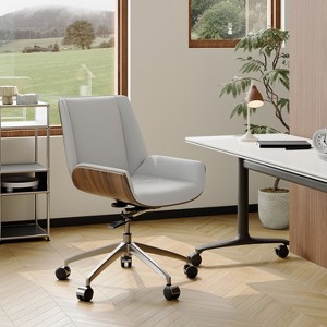 Tree City- Mid-Century Modern Swivel Office Chair with Walnut Bent Wood Back and Faux Leather Seat – Adjustable Height & Rolling Base - 1 of 4