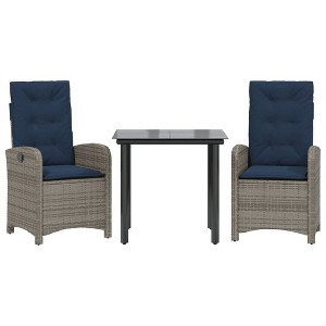 vidaXL 3 Piece Poly Rattan Patio Dining Set - Gray Recliner Chairs with Navy Blue Cushions & Tempered Glass Table for Garden, Patio - 1 of 4