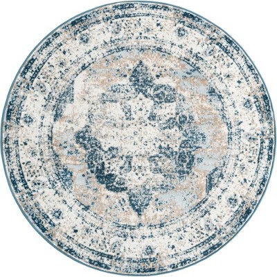 Reversible Round Blue and Light Blue Medallion Synthetic Rug