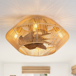 Airsurfer 19" Gold Flush Mount Cage Ceiling Fan with LED Light,Wood-Brown Blades, 7-Blade, Remote Included - 1 of 4