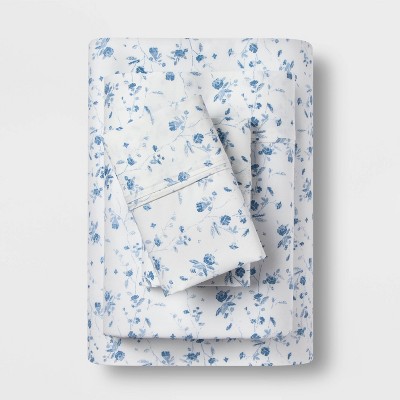 Queen 400 Thread Count Floral Print Cotton Performance Sheet Set White/Blue Floral - Threshold™