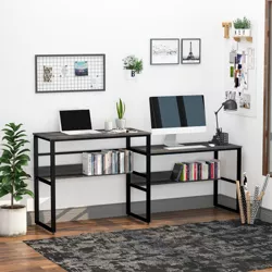 HOMCOM 86.5 Inch Two Person Desk Double Computer Table Writing Desk with Open Shelves Long Storage Workstation for Home Office Black and Grey