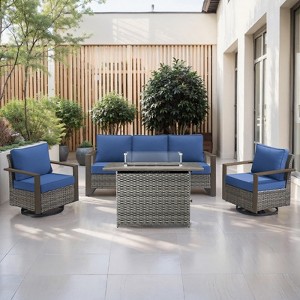 4 Pieces Patio Furniture Set with 41" Propane Fire Pit Table, Deep Seating Wicker Sofa Couch with Swivel Glider Chairs Set Patio Conversation Set - 1 of 4
