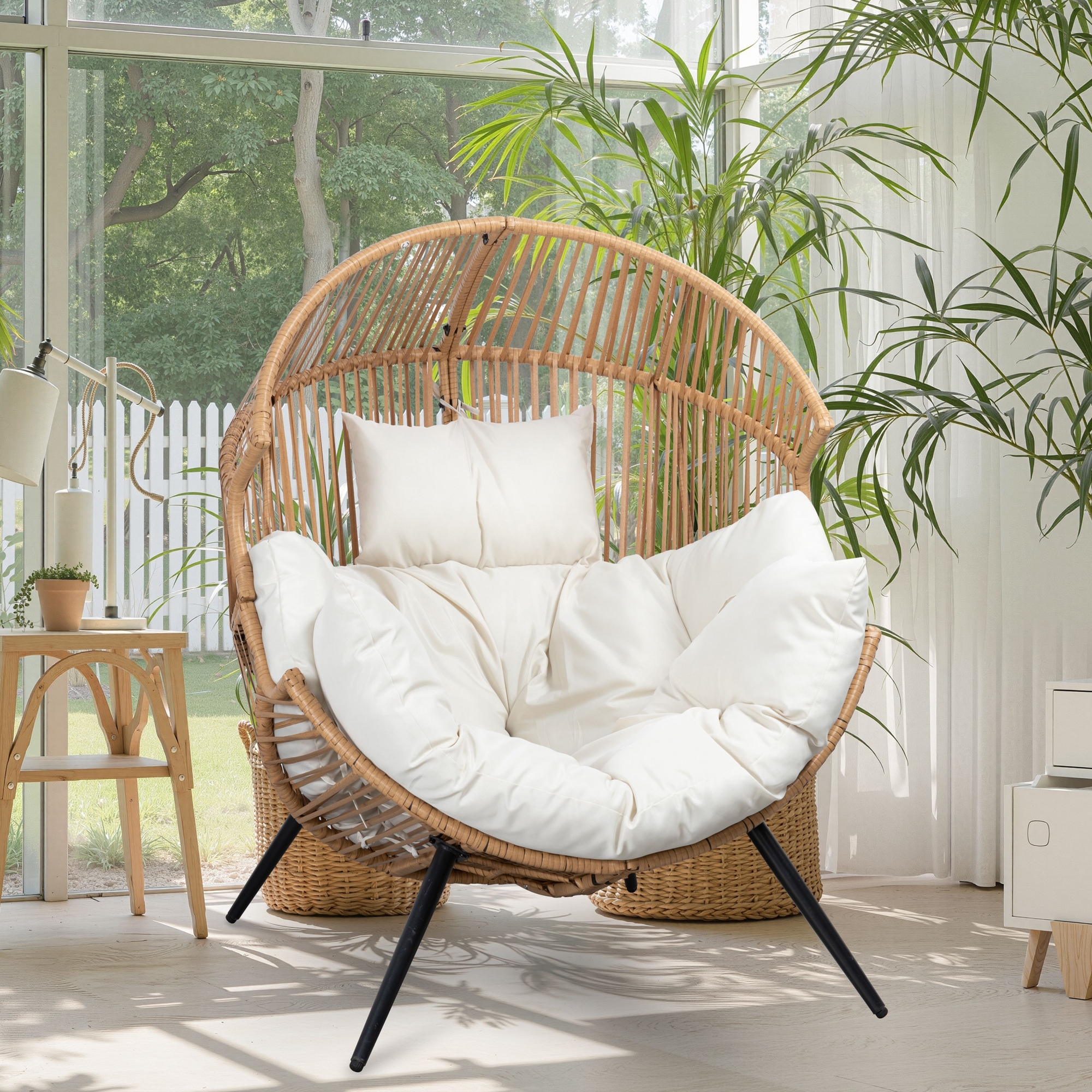 Celebalcony Wicker Egg Chair - Rattan Patio Chair with Cushion, Indoor-Outdoor Lounge Egg Basket Seat for Living Room,Bedroom,Patio,Backyard, Beige