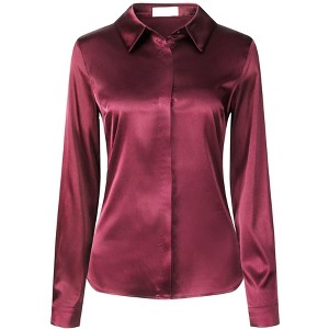 Hobemty Women's Elegant Satin Point Collar Long Sleeve Work Office Button Down Shirt - 1 of 4