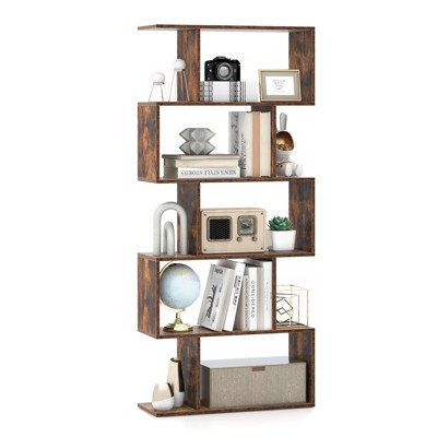 Tangkula 5-Tier Geometric Bookshelf Wooden Decorative Display Shelf w/Large Capacity Freestanding S-shaped Bookcase Black/White/Rustic Brown