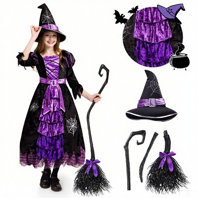 Joyfy Halloween Fairytale Witch Costume for Girls – Deluxe Set with Broom, Hat & Dress (Magic-Themed!)