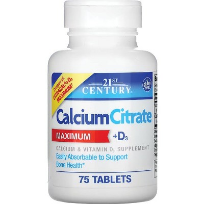 21st Century Calcium Citrate + D3 Maximum 630 mg/13 mcg (500 Iu) 75 Tablets.
