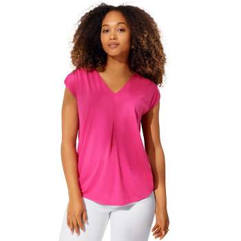 ellos Women's Plus Size V-Neck Cap Sleeve Tee With Inverted Pleat