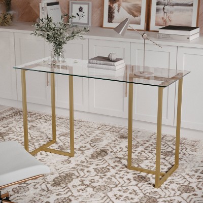 Clear Glass Top Desk with Polished Brass Frame for Home Office