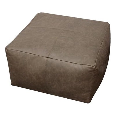 Moti Java Pouf 22" Upholstered in Genuine Leather in Gray and Contrast Stitching
