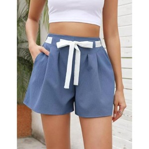 Womens High Waisted Pleated Tie Waist Casual Shorts Elastic Waist Wide Leg Shorts - 1 of 4