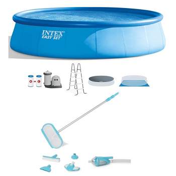 Intex Easy Set Inflatable 18' x 48" Round Above Ground Outdoor Swimming Pool with Filter Pump, Ladder, and Deluxe Maintenance Pool Cleaning Kit