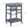 Wooakway 33.5"H Indoor Kitchen Island Trolley Serving Cart with Stainless Steel Marble Top Underneath Drawer Basket Wine Rack Lockable Casters - 4 of 4