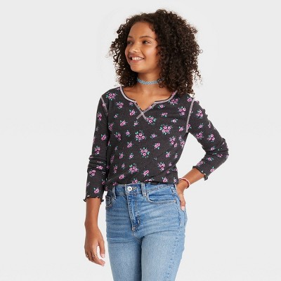 Girls' Notch Long Sleeve T-shirt - Art Class™ Black Floral Xxl : Target