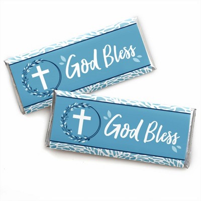 Big Dot of Happiness Blue Elegant Cross - Candy Bar Wrapper Boy Religious Party Favors - Set of 24