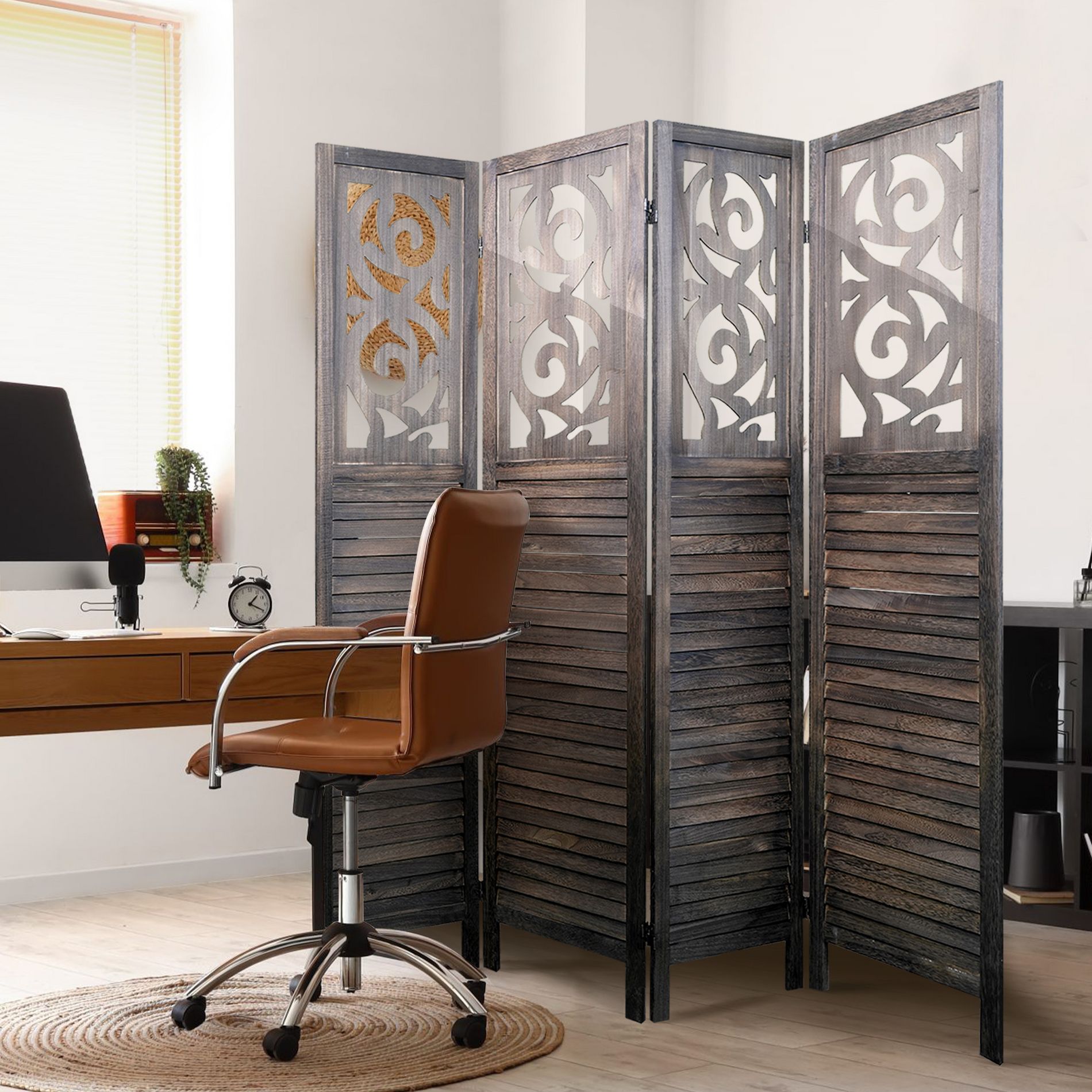 Spassway Folding Room Divider Wood Intricate Hand Carved Privacy Screens Decorative Functional  Portable Partition Reversible Freestanding Privacy