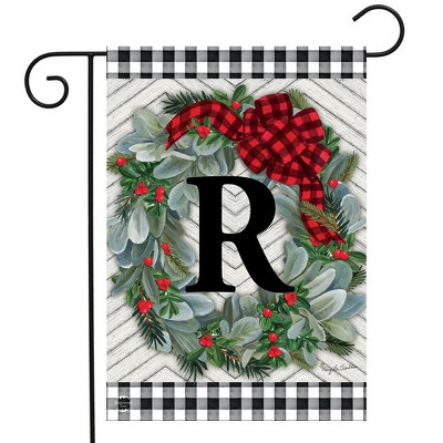 Winter Wreath Monogram R Garden Flag with Red Bow