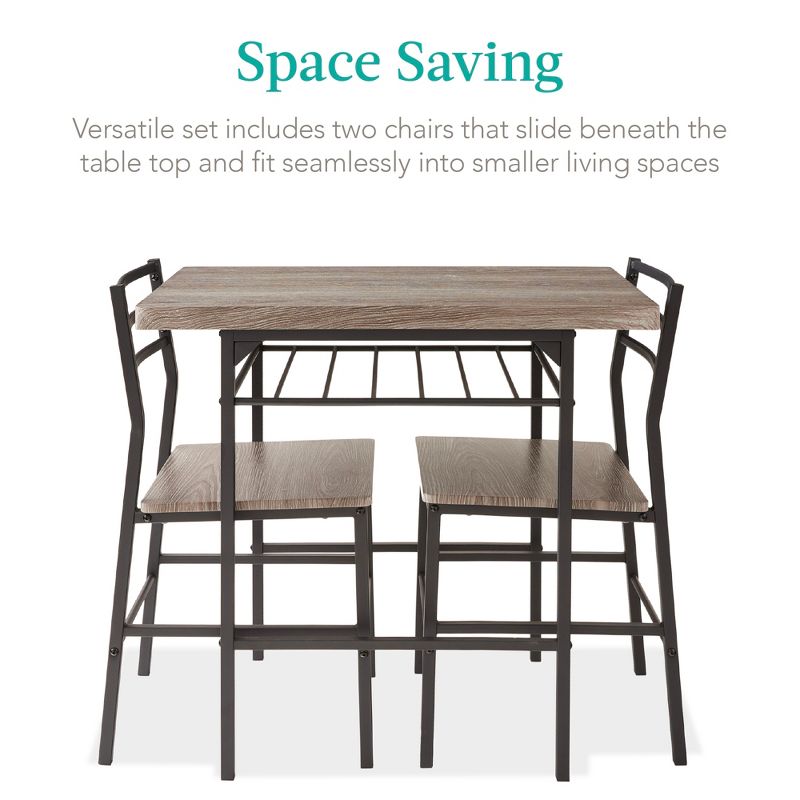 Best Choice Products 3-Piece Modern Dining Set, Square Table & Chairs Set w/ Steel Frame, Built-In Storage Rack, 3 of 9