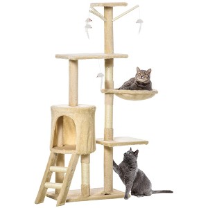SKYONE Beige 53" Plush Cat Activity Tree with Sisal Scratching Post, Condo Hideaway, Perches, - 1 of 4
