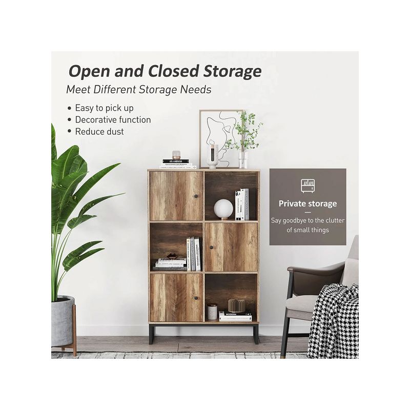 Year Color 3 Tier Free-Standing Modern Open Brown Wood Narrow Bookcase With Doors, Legs And 2X3 Cube Storage Organizer For Office or Library, 6 of 9