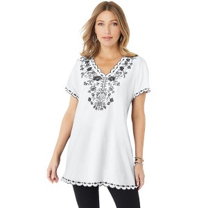 Roaman's Women's Plus Size Floral Embroidered Tee - 1 of 4